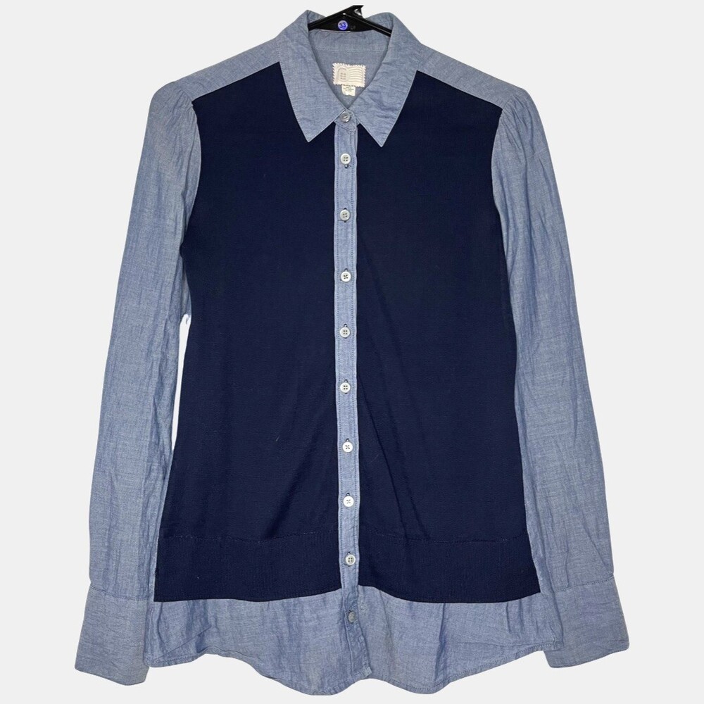 Anthropologie Postmark Womens Top 00 Blue Chambray Knit Button Up Long Sleeve